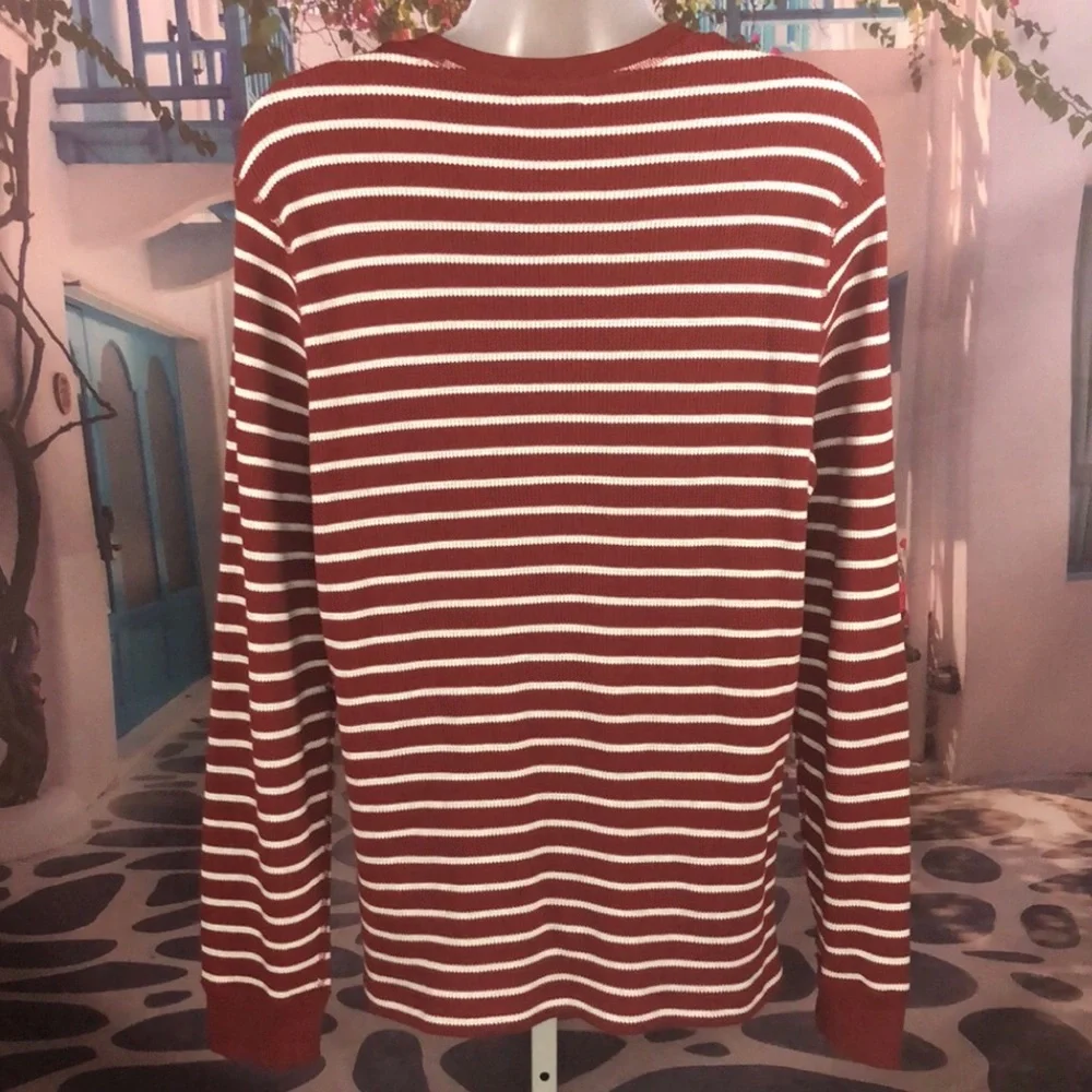 J. Crew Red and White Striped Ling Sleeve Waffle Knit Thermal Shirt